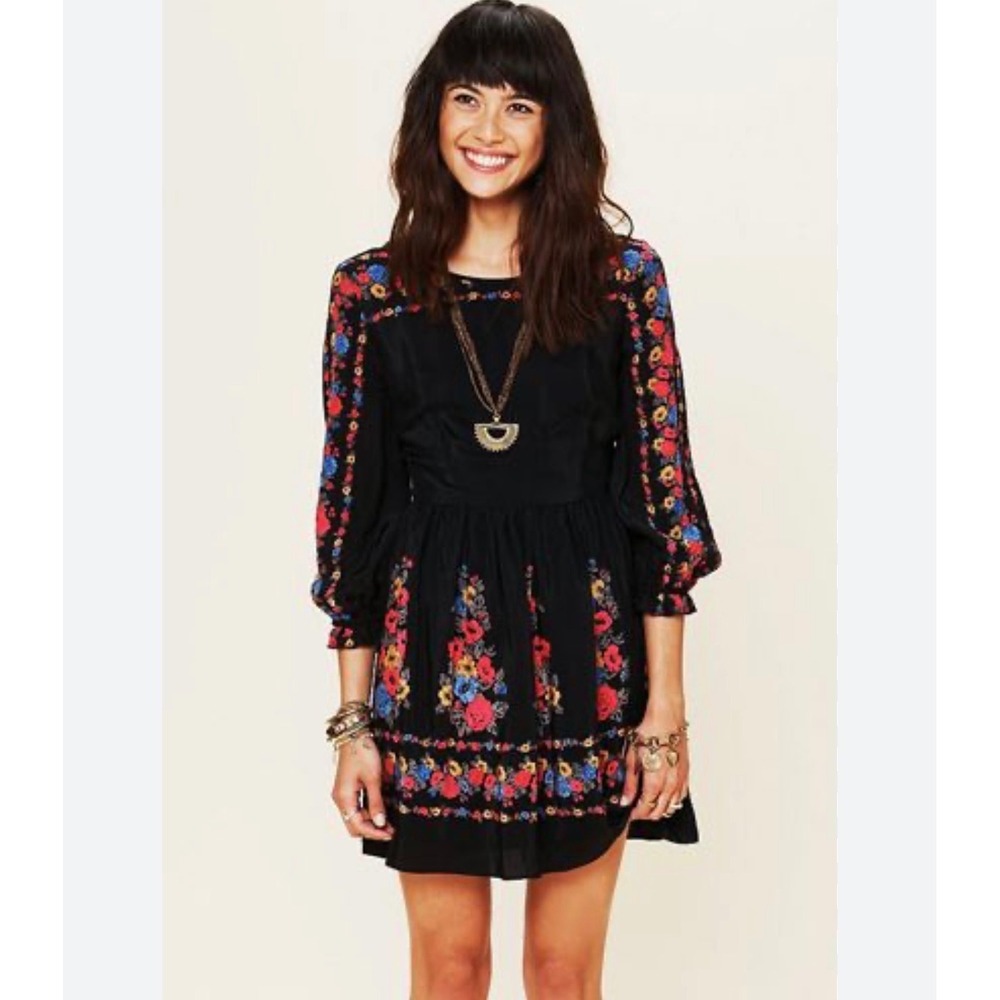 Free People Black Floral Long Sleeve Mini Dress Size 6 Red Blue Yellow Boho